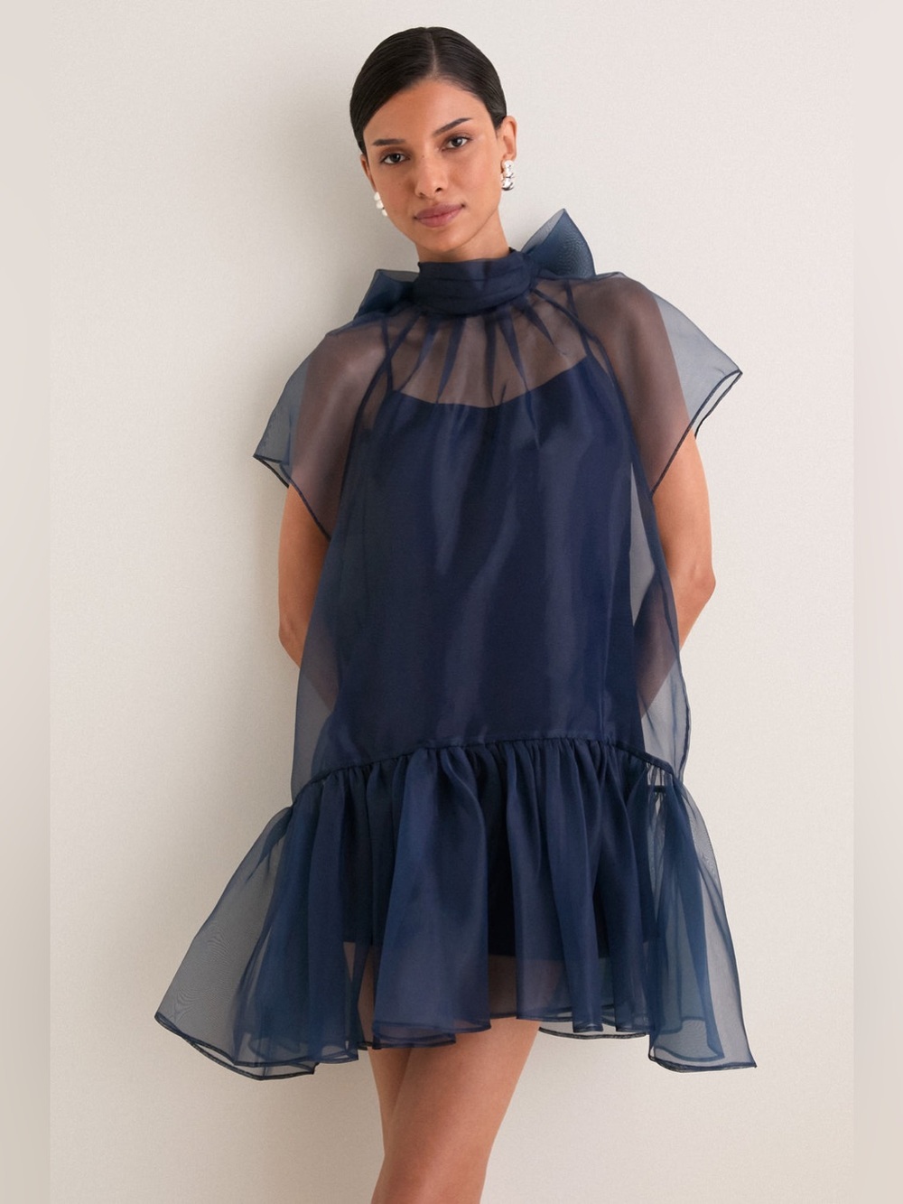 SIMKHAI Beaux Tiered Organza Mini Dress in Midnight Navy, Size 4